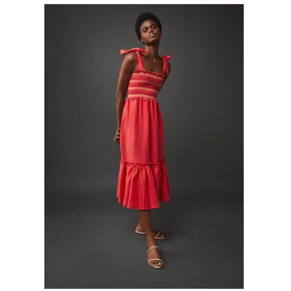 Cara Cara NYC Jenny Hibiscus Linen Smocked Tie Shoulder Midi Dress Size S - Picture 2 of 16